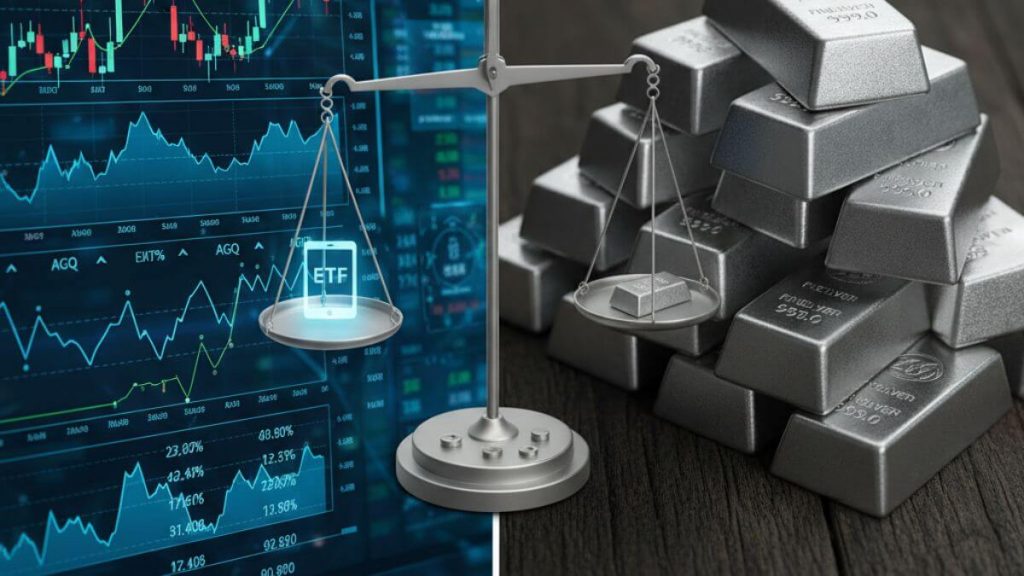 comparison of silver ETFs and physical silver bars, illustrating investment options in varying market conditions.
